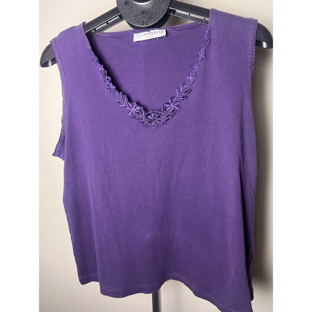 Sag Harbor Tank Top Women Purple Good Embroidered Lace V-Neck Sleeveless Blouse